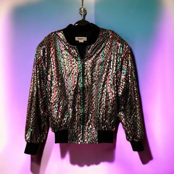 Mighty Retro/Vintage Metallic Silver Bomber Jacket with Multi-Colour Sequins - Picture 14 of 16